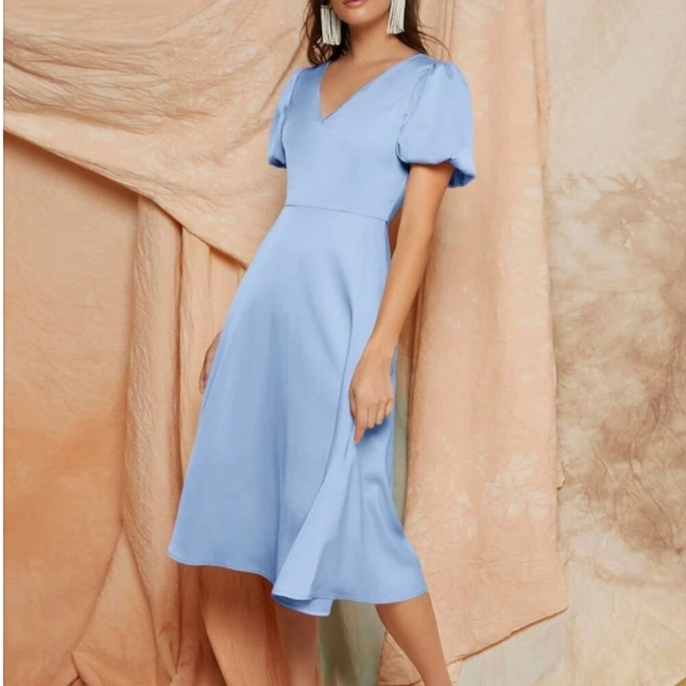 Blue Puff Sleeve Satin Midi Dress - Size 4/S